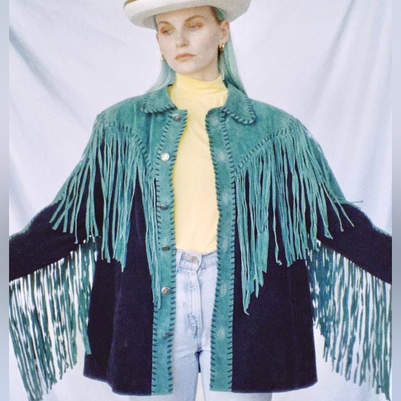 Vintage Jackets & Blazers - Rare wearable ART 70s 80s 90s blue fringe jacket w western/equestrian/hippy vibe